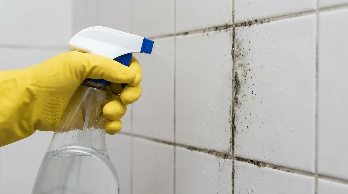 Spraying white vinegar from a spray bottle onto mold on bathroom tile