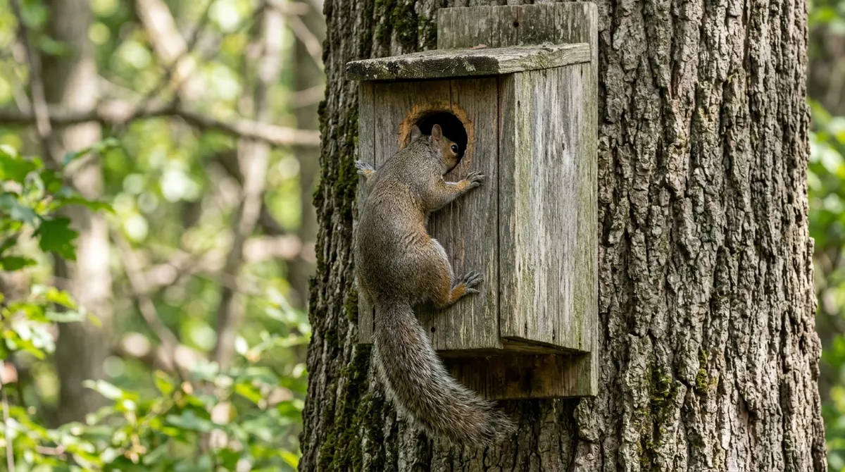 Gray squirrel climbing into the entrance hole of a wooden nest box