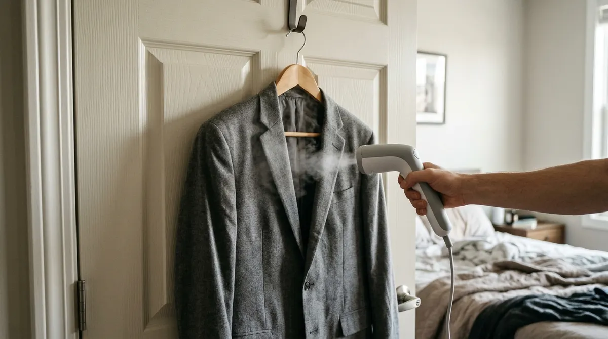 Handheld steamer removing wrinkles from a blazer hanging on a door