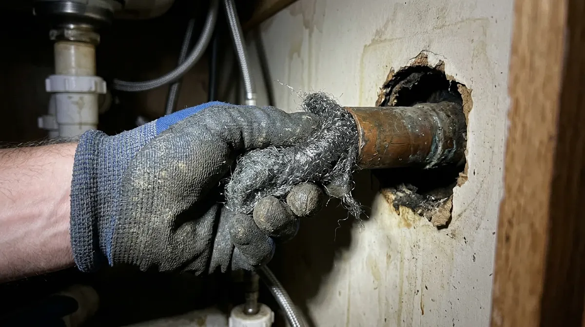 Stuffing steel wool into a gap around a pipe under a sink