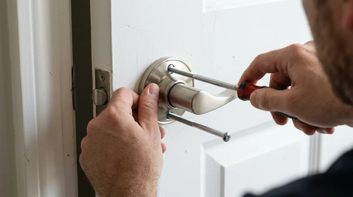 Hands tightening the through-bolts of a new lever door handle with a screwdriver
