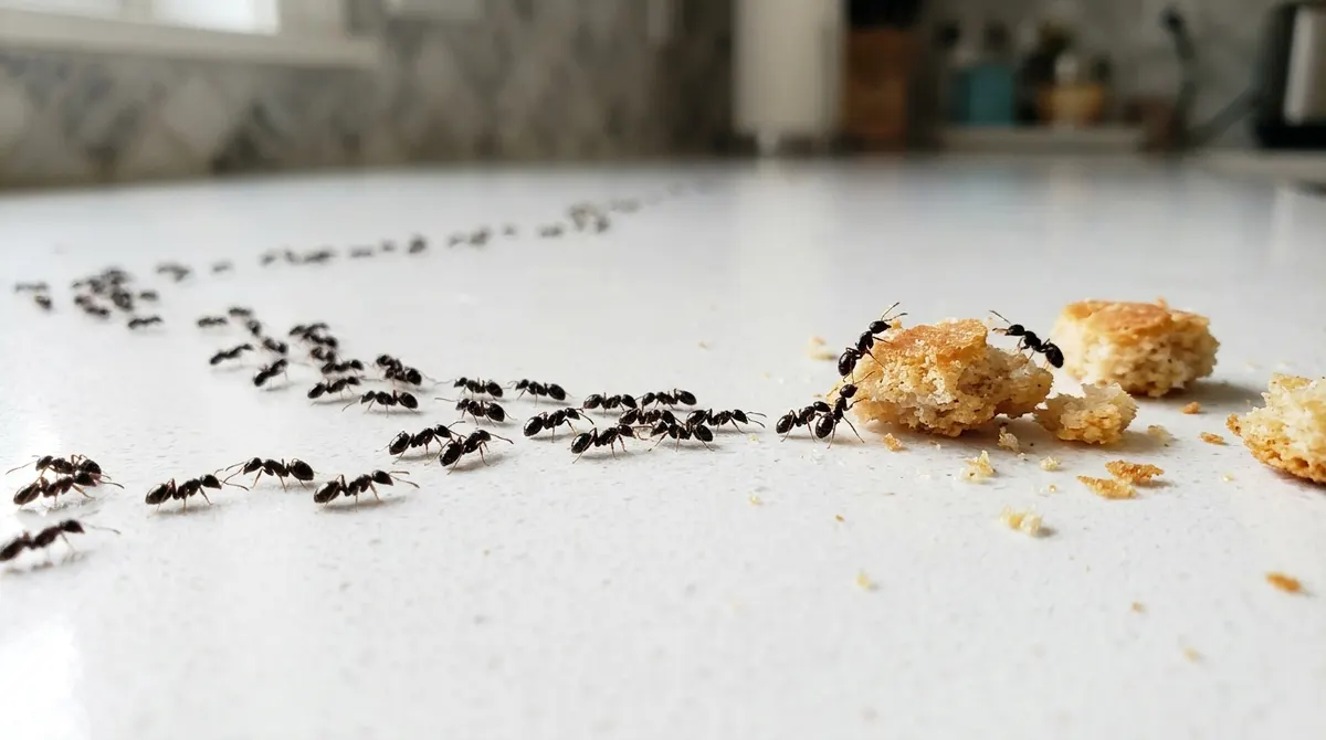 Trail of tiny black ants crawling across a white kitchen countertop toward crumbs
