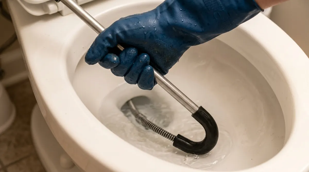 Using a toilet auger to clear a clog in a toilet