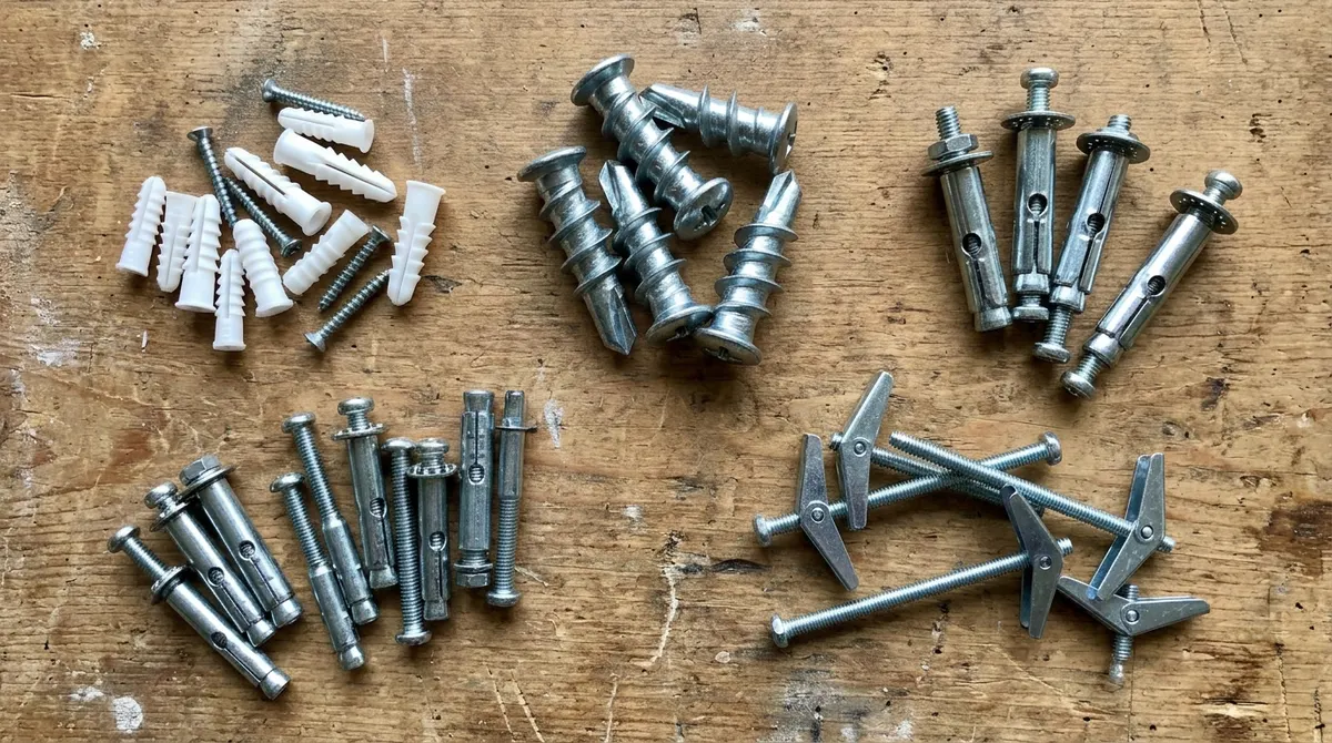 Different types of drywall anchors laid out on a table: plastic, self-drilling, molly and toggle bolts