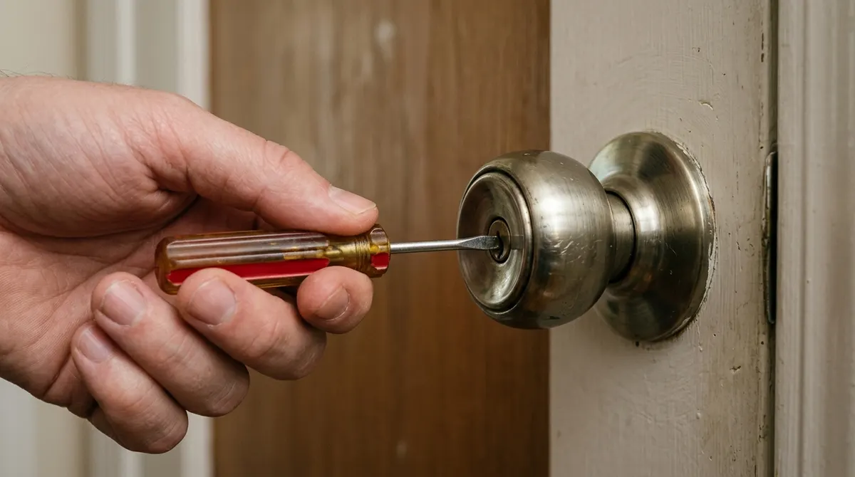 Small flathead screwdriver inserted into the slot of a door knob to unlock it