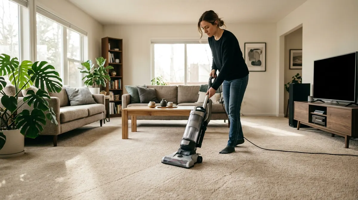 Vacuuming a beige carpet in a bright living room