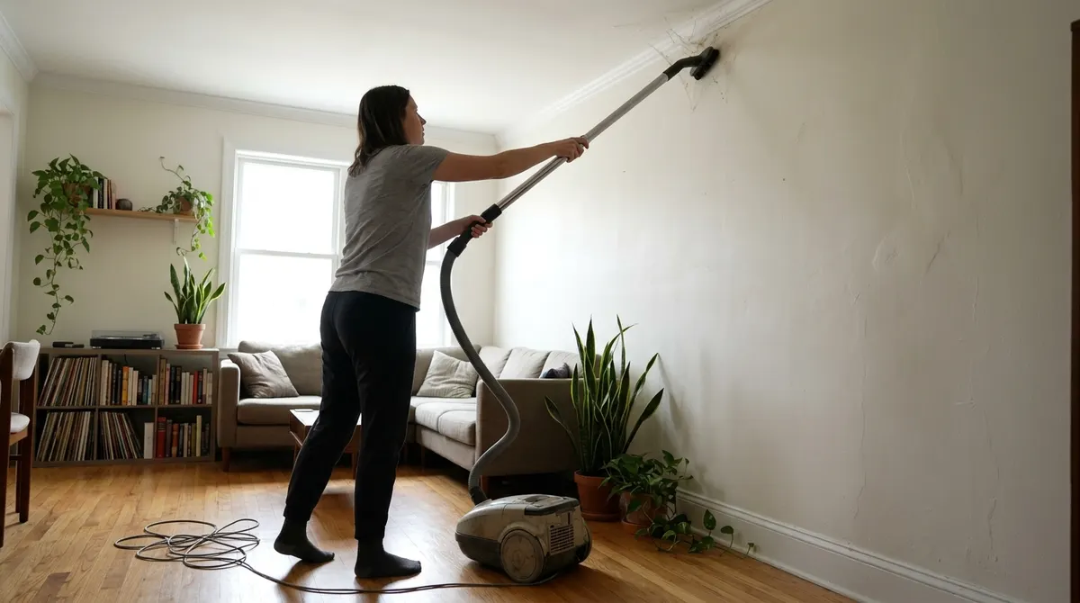 Vacuuming spider webs from a ceiling corner with a vacuum extension wand