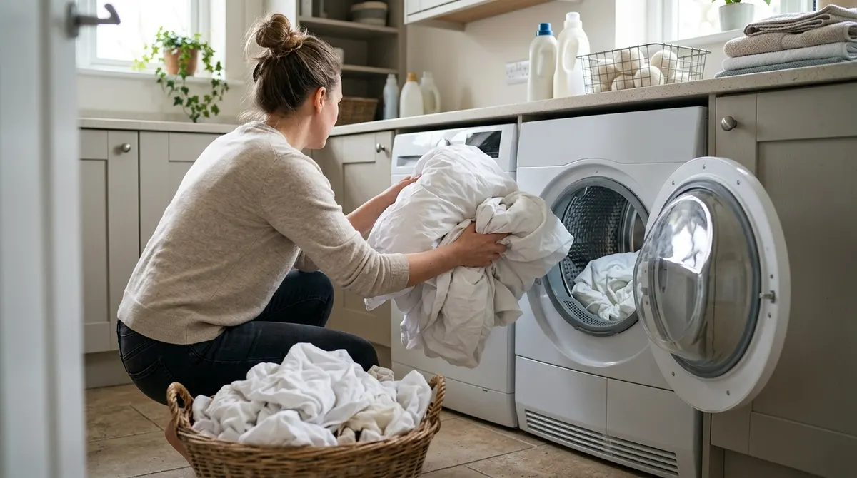 Loading bedding into a clothes dryer to kill bed bugs with heat