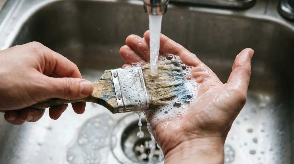 Washing a paint brush with soap in the palm of a hand under running water