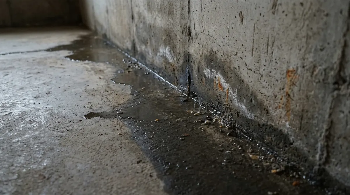 Water seeping along the edge of a concrete basement floor where it meets the wall