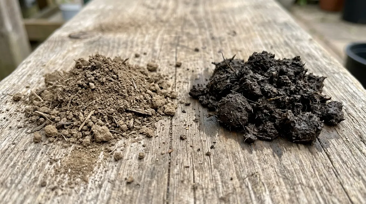 Two piles of soil side by side, one dry and light brown, one wet and dark