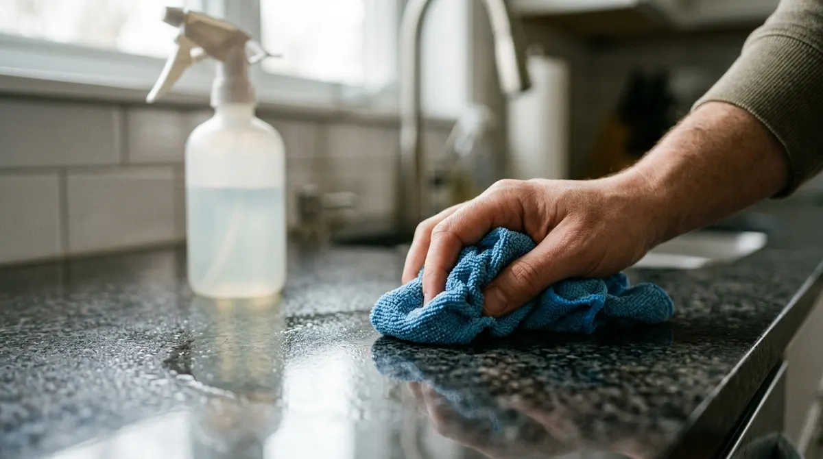 Hand wiping a kitchen counter with a microfiber cloth and spray bottle