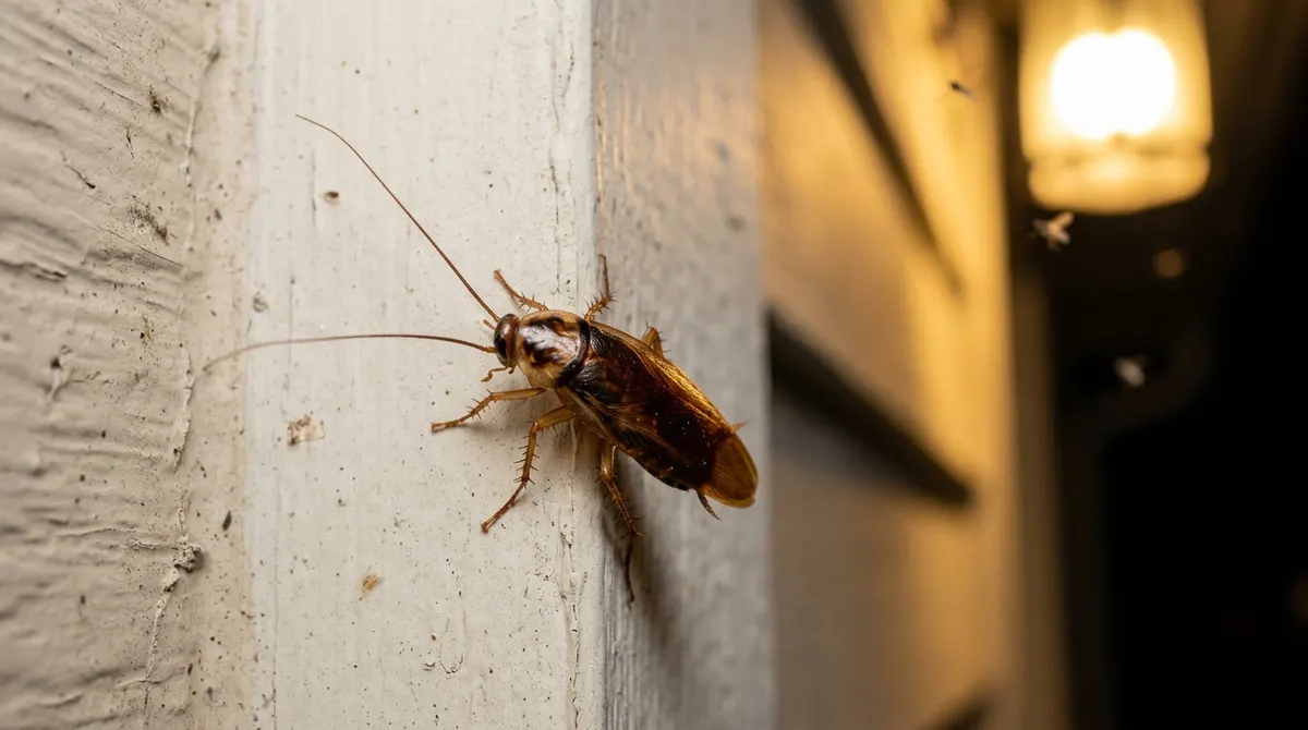 Wood cockroach near a porch light on a house wall at night
