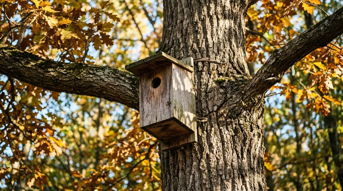 Wooden squirrel nest box mounted high on an oak tree trunk