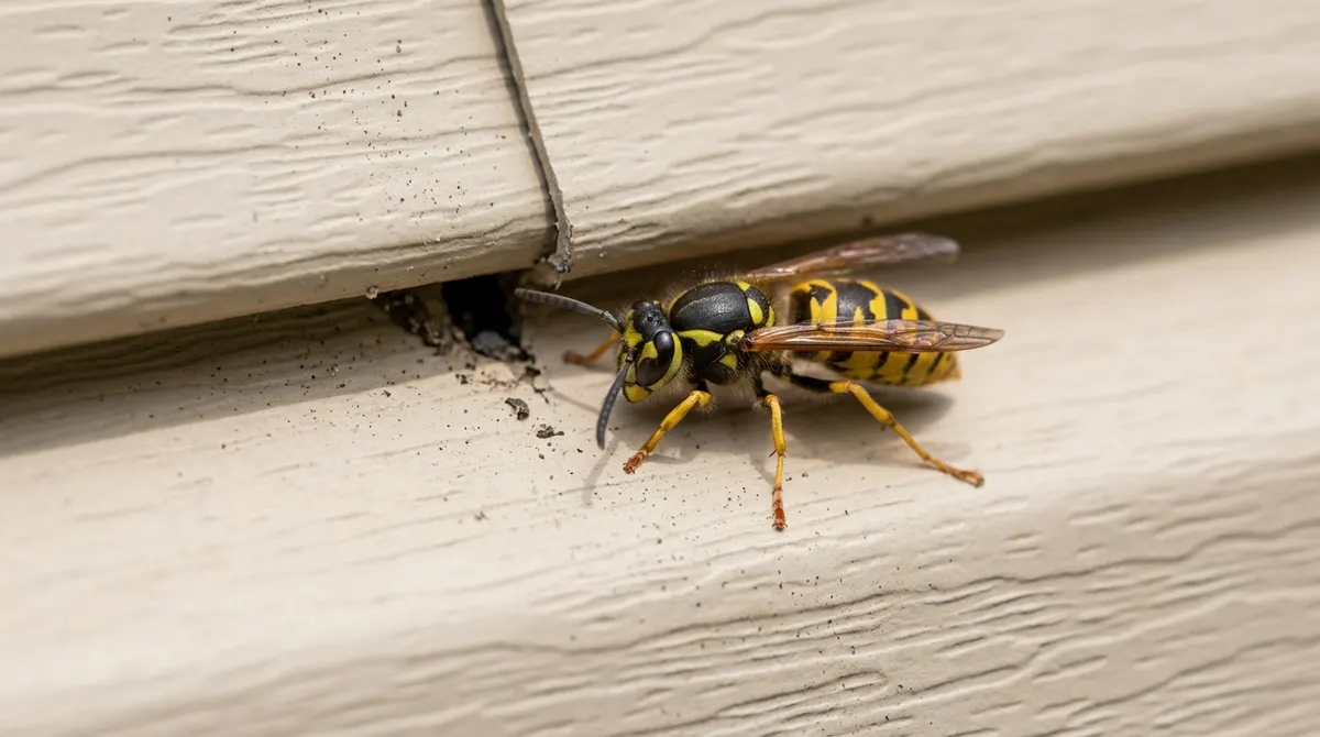 Close-up of a yellow jacket wasp on house siding near a gap