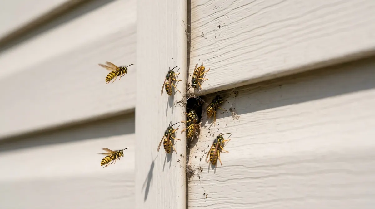 Yellow jackets flying in and out of a small gap in house siding
